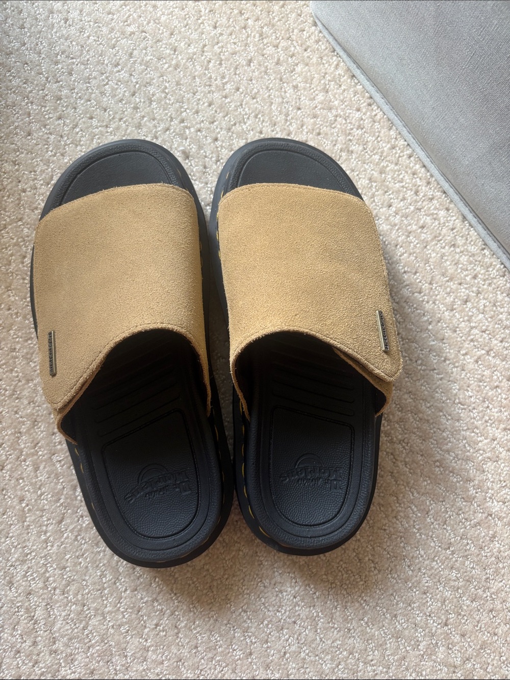Dr. Martens Womens Tan Suede Slide Sandals with Black Footbed
